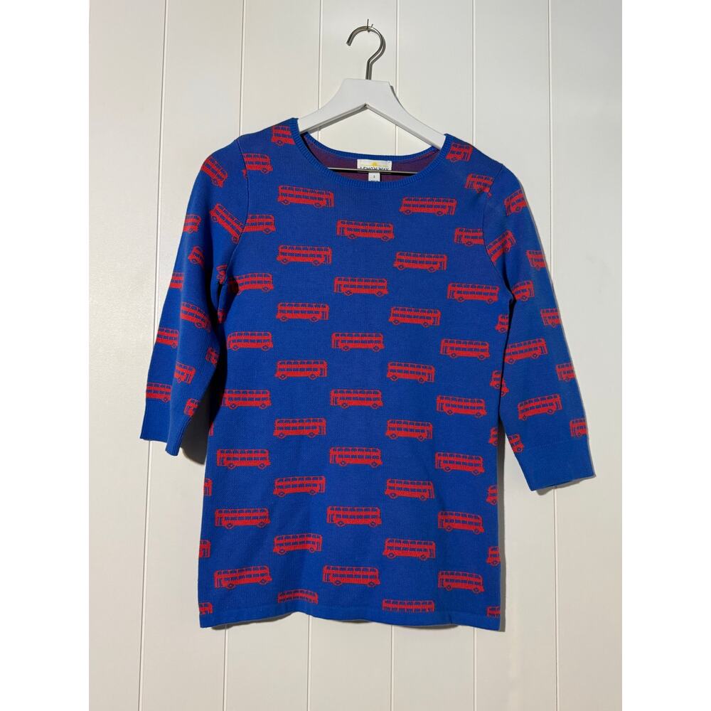 Lemon Way London Bus Print Sweater Small Blue Red 3/4 Sleeve Knit Top